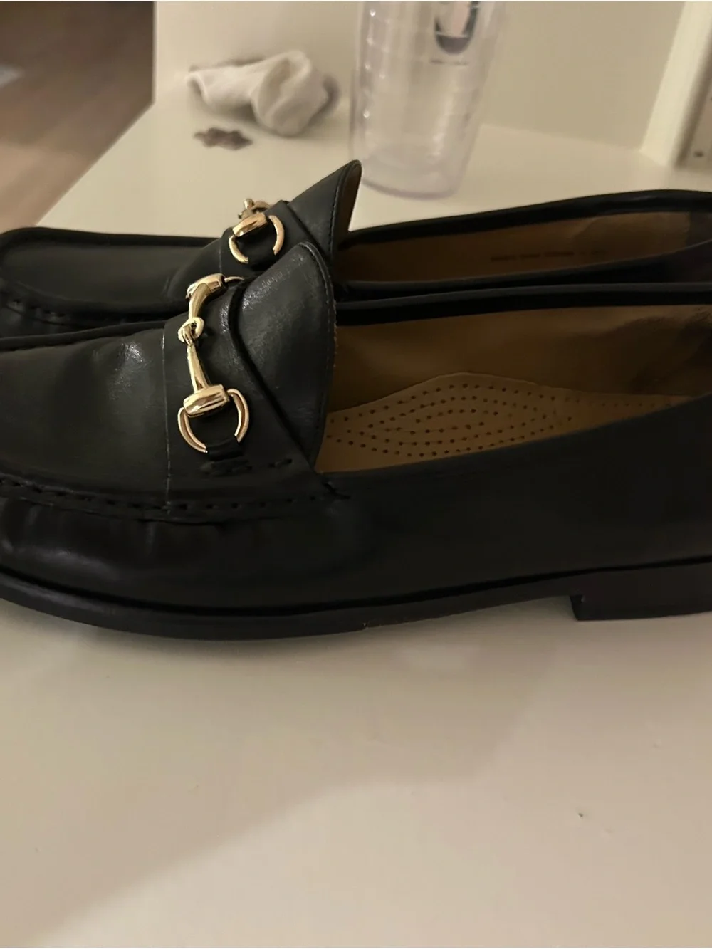 Cole Haan Black Leather Loafers with Gold Horsebit